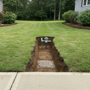 Completed emergency sewer and water line repair site with restored yard and clean landscaping in a residential setting