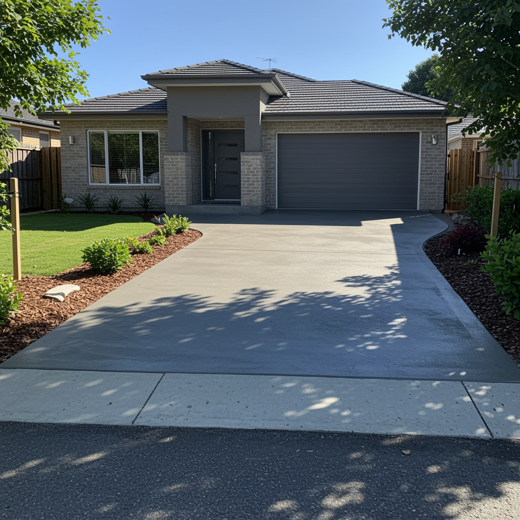 New concrete driveway installation with clean foundation work in front of a modern house